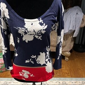 Boston Proper Navy and Red Floral Scoop Neck Sweater